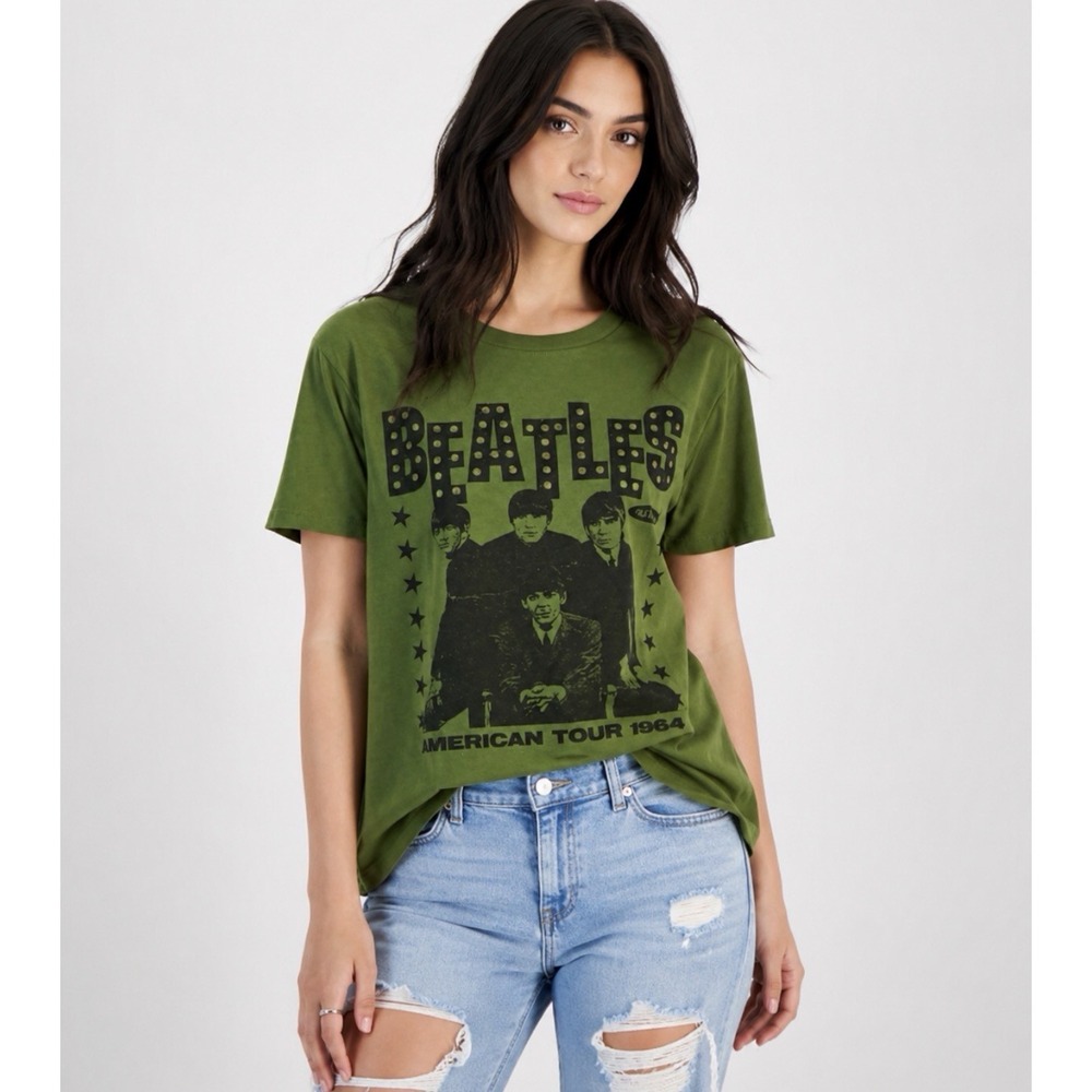 Love Tribe Beatles Graphic T-Shirt Women Sz L Studded Band Tee Concert Dates